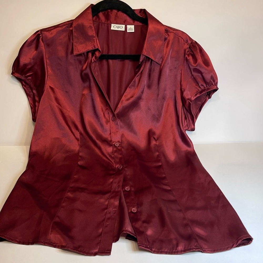 Cato Satin button down short sleeve blouse burgundy size large